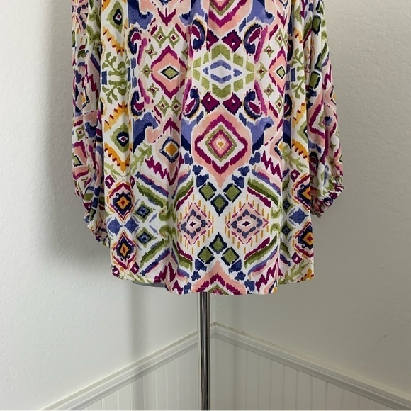 Beach lunch lounge Colorful Ikat Popover V Neck Blouse Size M - Picture 10 of 16